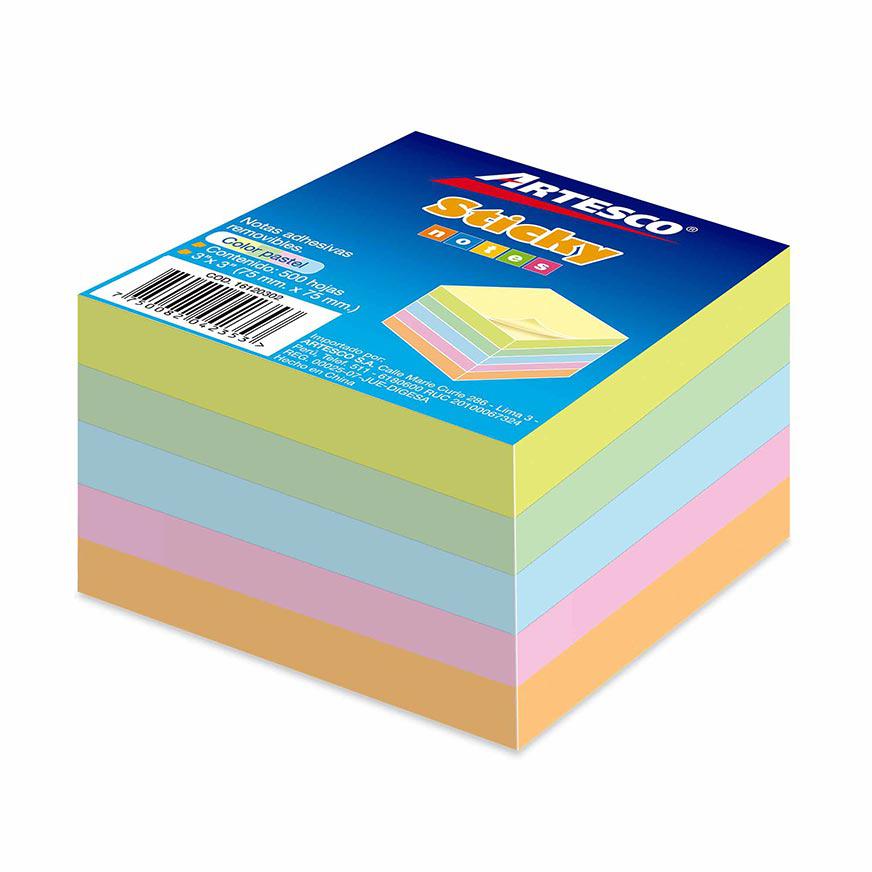 Artesco Notas Autoadhesivas 7,5x7,5 Cm.Cubo 500 hj. Pastel