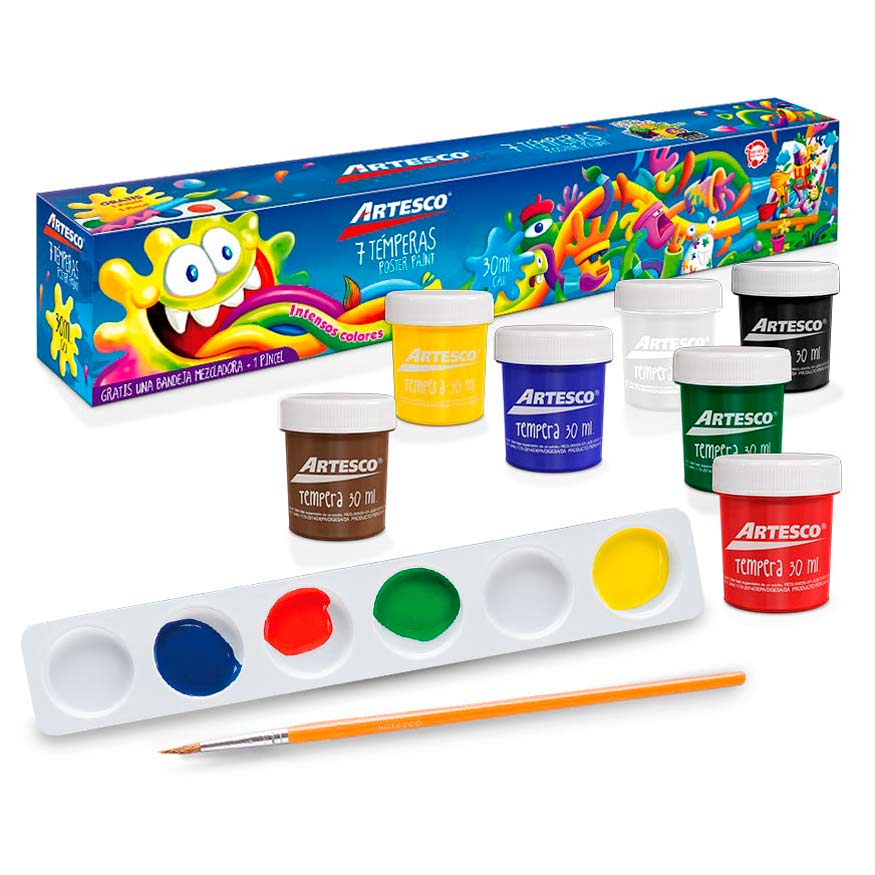 Tempera Artesco set x 7 + pincel y paleta.
