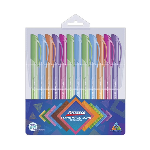 [TRI12] Boligrafos Gel Artesco Trimax Estuche x 12 surtidos